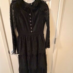 Ivy City Co Black Lace Long-Sleeve Midi Dress with Button Front